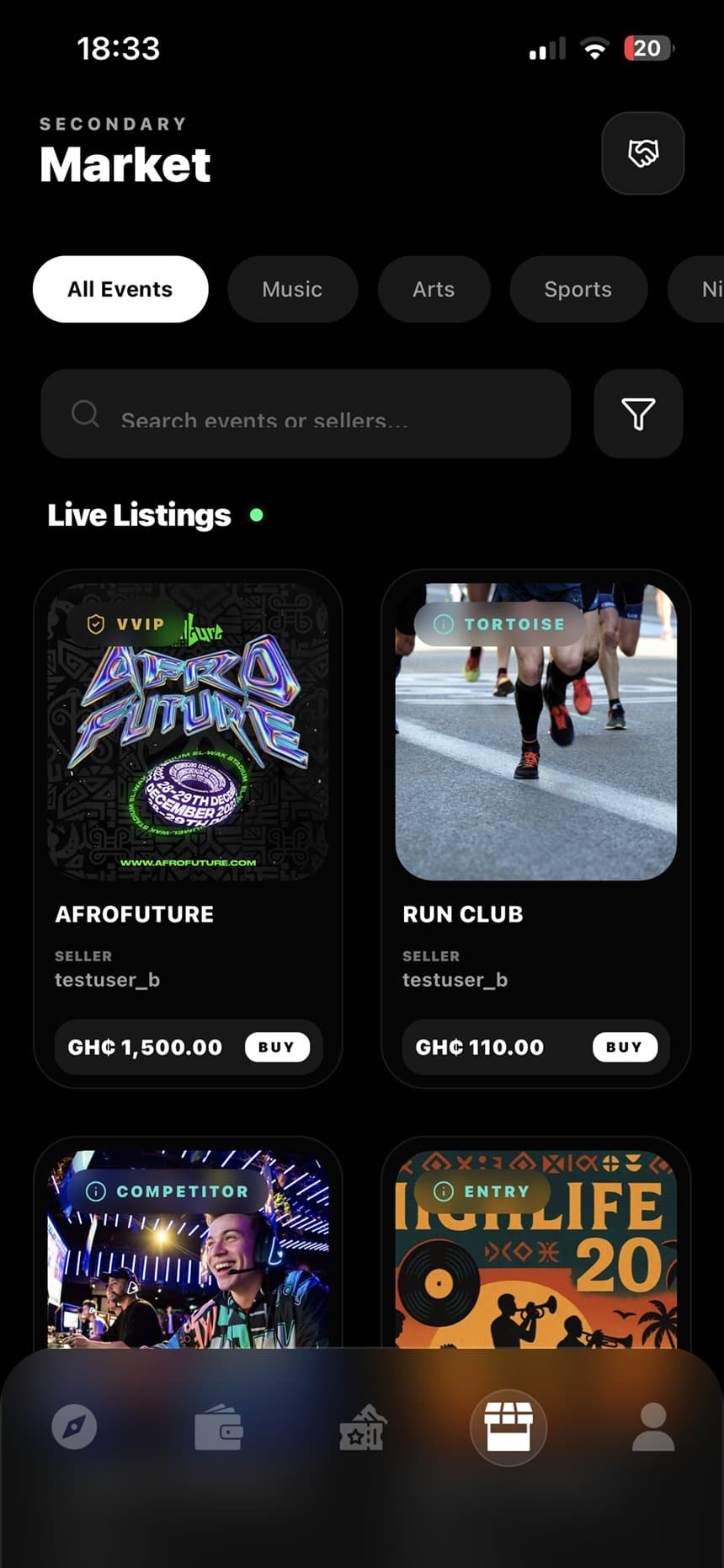 Secondary market with live resale listings