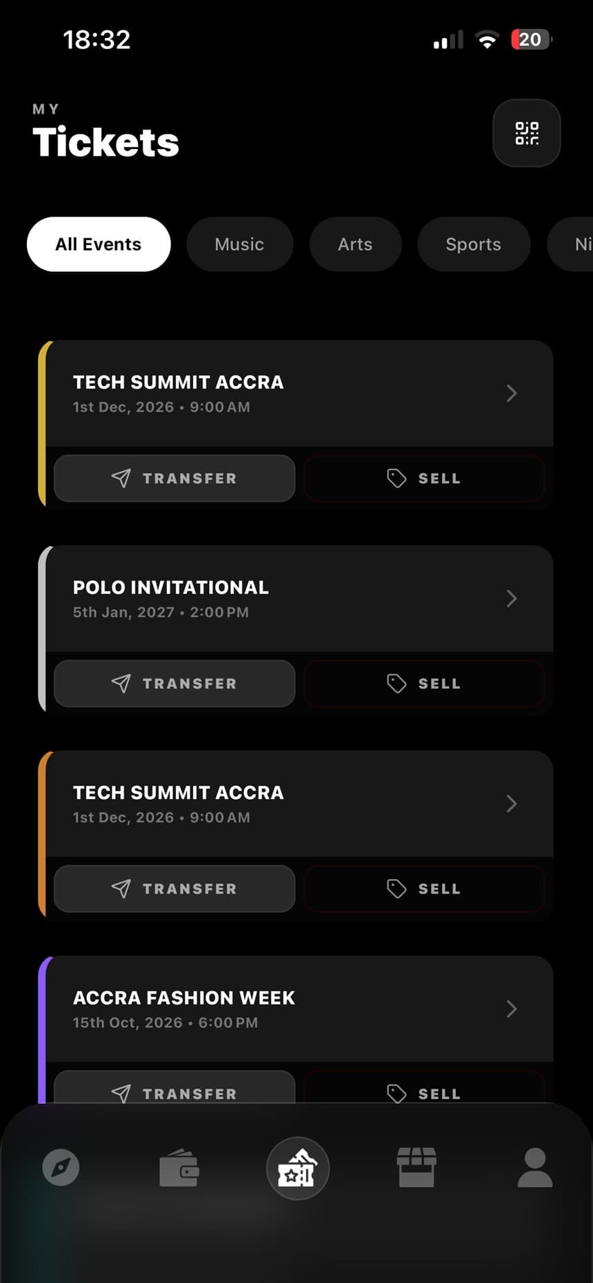 My Tickets screen with transfer and sell buttons