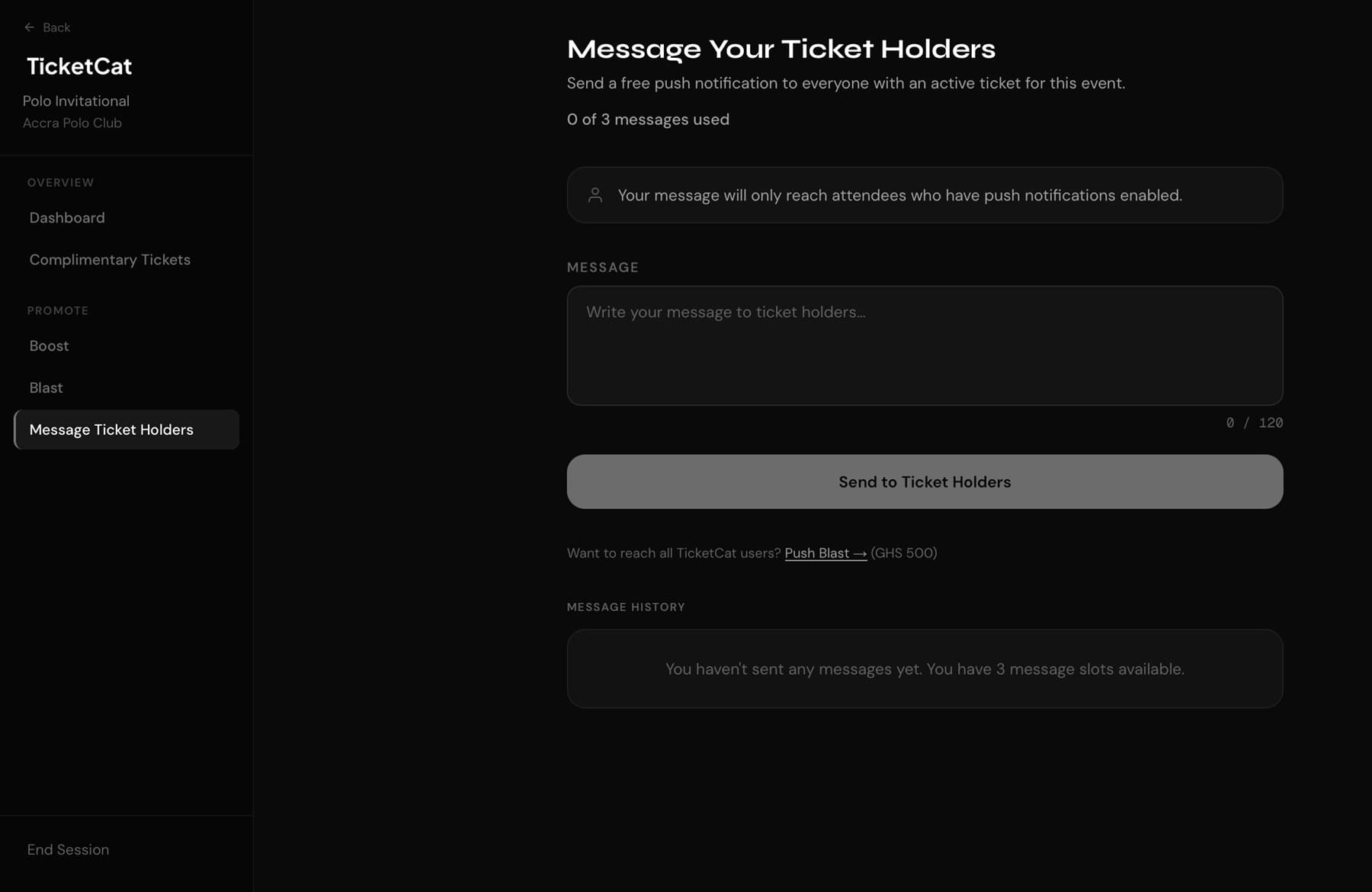 Organizer dashboard: messaging ticket holders